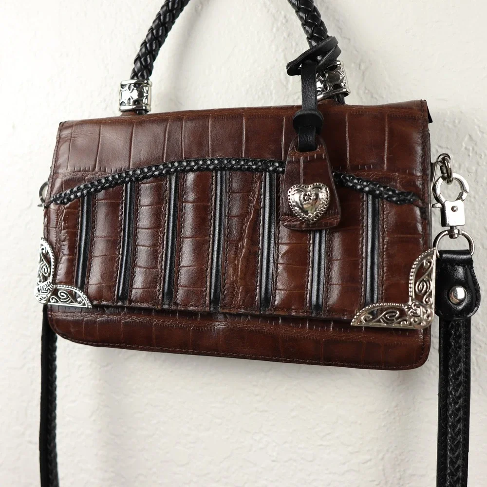 Mark Chantal Y2K 90s Dark Brown Croc Embossed Handbag Heart Charm Clutch Crssbdy